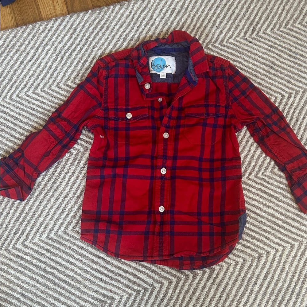 Boden Red and Navy Plaid Button-Up Shirt, Size 4/5